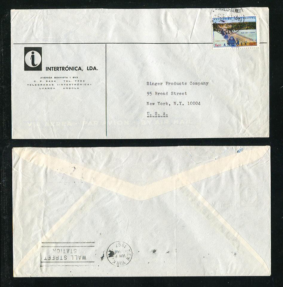 1967 - Carta de Angola para os EUA. Selo de 6$00. Carimbo de chegada no verso. Em boas condições.