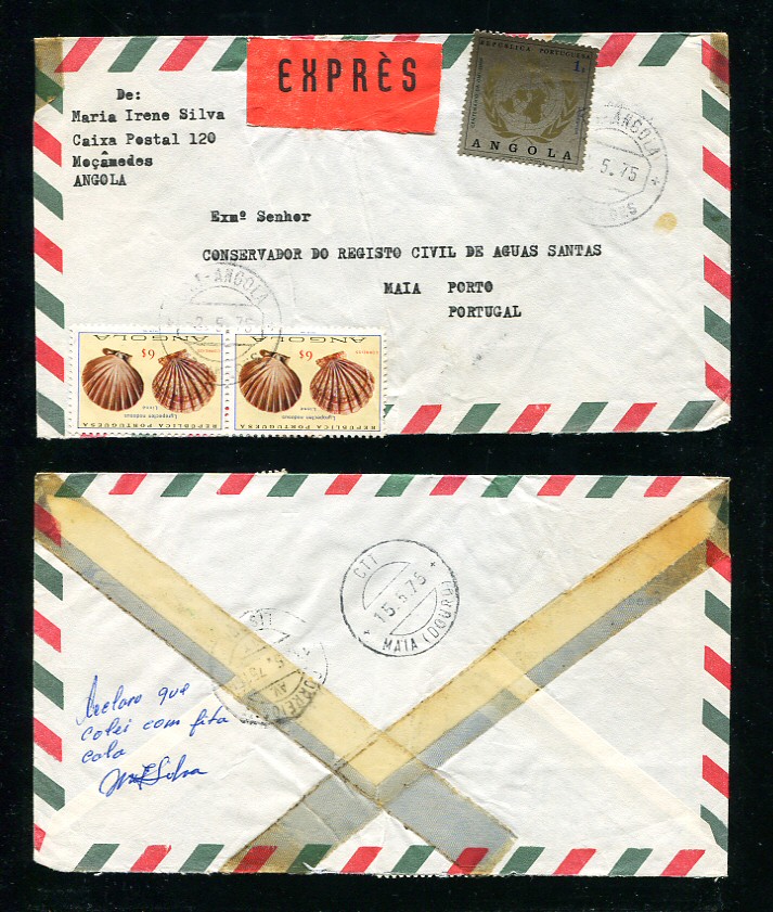 1975 - Carta de Angola (Correio Expresso) para Portugal. Selos de 6$00 (2) e 1$00. Carimbo de chegada no verso. Em boas condições.
