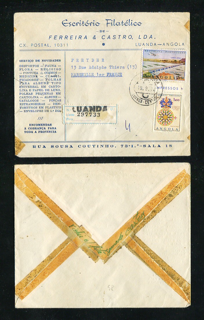 1970 - Carta registada de Angola para França. Selos de 12$50 e 1$00. Em boas condições.