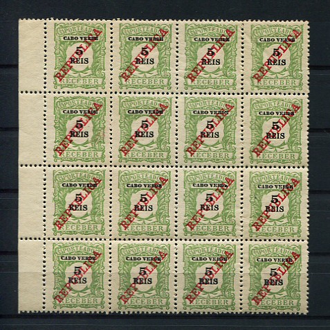 1911 - Porteado. Afinsa nº 11. Emissão regular com sobrecarga REPUBLICA. Selos de 5r EM BLOCO DE 16. Novos sem charneira (**) e com goma original. Em boas condições.