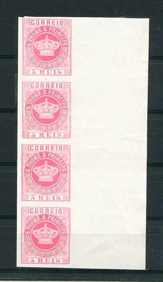 1870 - Coroa. PROVAS NÃO DENTEADAS em TIRA de 4. Todas com a taxa de 5 reis com cor rosa. Em boas condições.