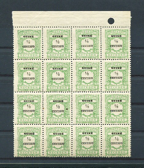 1921 - Porteado. Afinsa nº 29. Emissão regular. Selos de 1/2c novos sem charneira (**) e com goma original. EM BLOCO DE 16. Papel pontinhado. Em boas condições.