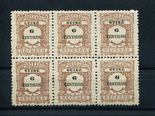1921 - Porteado. Afinsa nº 34. Emissão regular. Selos de 6c novos sem goma. EM BLOCO DE 6. Papel liso. Em boas condições.