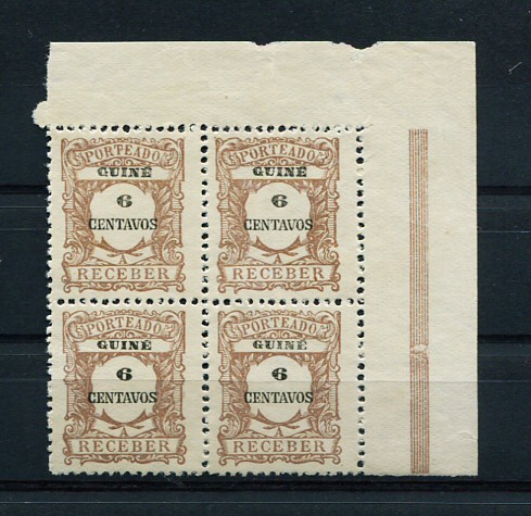 1921 - Porteado. Afinsa nº 34. Emissão regular. Selos de 6c novos sem goma. EM QUADRA. Papel pontinhado. Em boas condições.