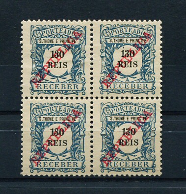 1911 - Porteado nº 18. Emissão regular com sobrecarga REPUBLICA. Selos de 130r EM QUADRA. Novos com charneira (*) e goma original. Em boas condições.