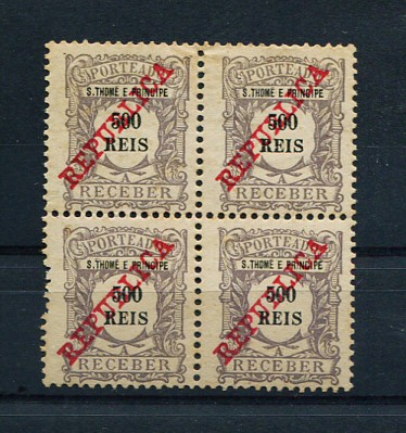 1911 - Porteado nº 20. Emissão regular com sobrecarga REPUBLICA. Selos de 500r EM QUADRA. Novos sem goma. Em boas condições.