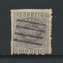 1876 - Afinsa nº 7. Tipo Coroa. Selo de 100 reis usado. NÃO DENTEADO em certas zonas do selo. Em boas condições.