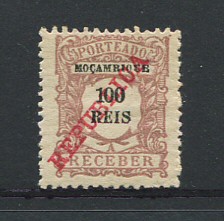 1911 - Porteado. Afinsa nº 17. Com sobrecarga REPUBLICA. Selo de 100r novo com charneira (*) e goma original. Em boas condições.