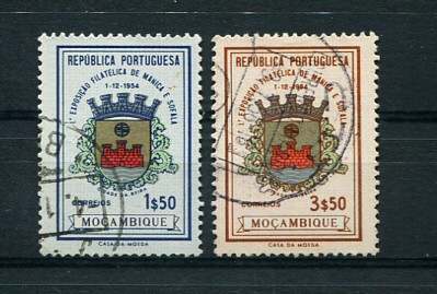 1954 - Afinsa nº 420/421. 1ª Exposição Filatélica de Manica e Sofala. Série completa USADA. Em boas condições.