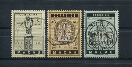1952 - Afinsa nº 368/370. 4º Cent. da morte de S. Francisco Xavier. Série completa USADA. Em boas condições.
