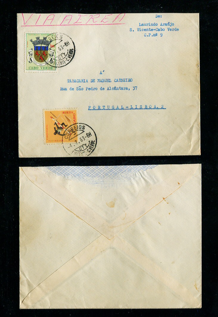 1963 - Carta de Cabo Verde para Lisboa. Selos de 1$00 e 4$50. Em boas condições.