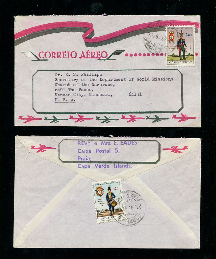 1967 - Carta de Cabo Verde para os EUA. Selos de 5$00 na frente e $50 no verso. Em boas condições.