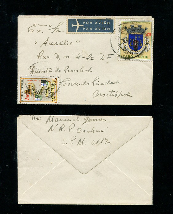 1969 - Carta de Cabo Verde para a Cova da Piedade (Lisboa). Selos de 20c e 1$60. Em boas condições.