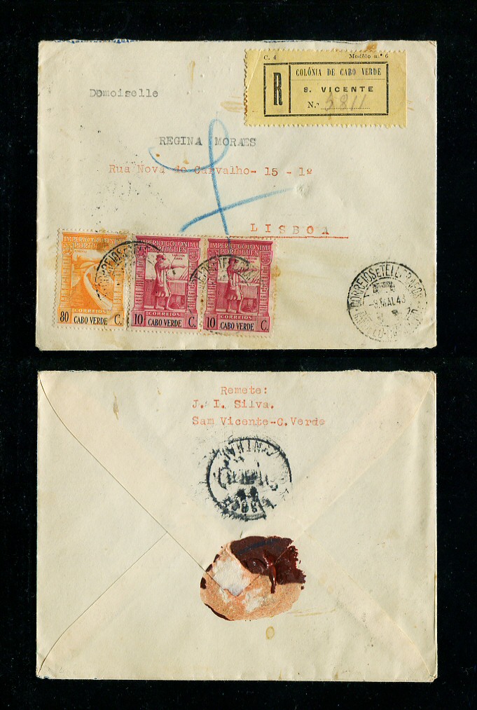 1943 - Carta registada de Cabo Verde para Lisboa. Selos de 10c (2) e 80c. Carimbo de chegada no verso. Em boas condições.