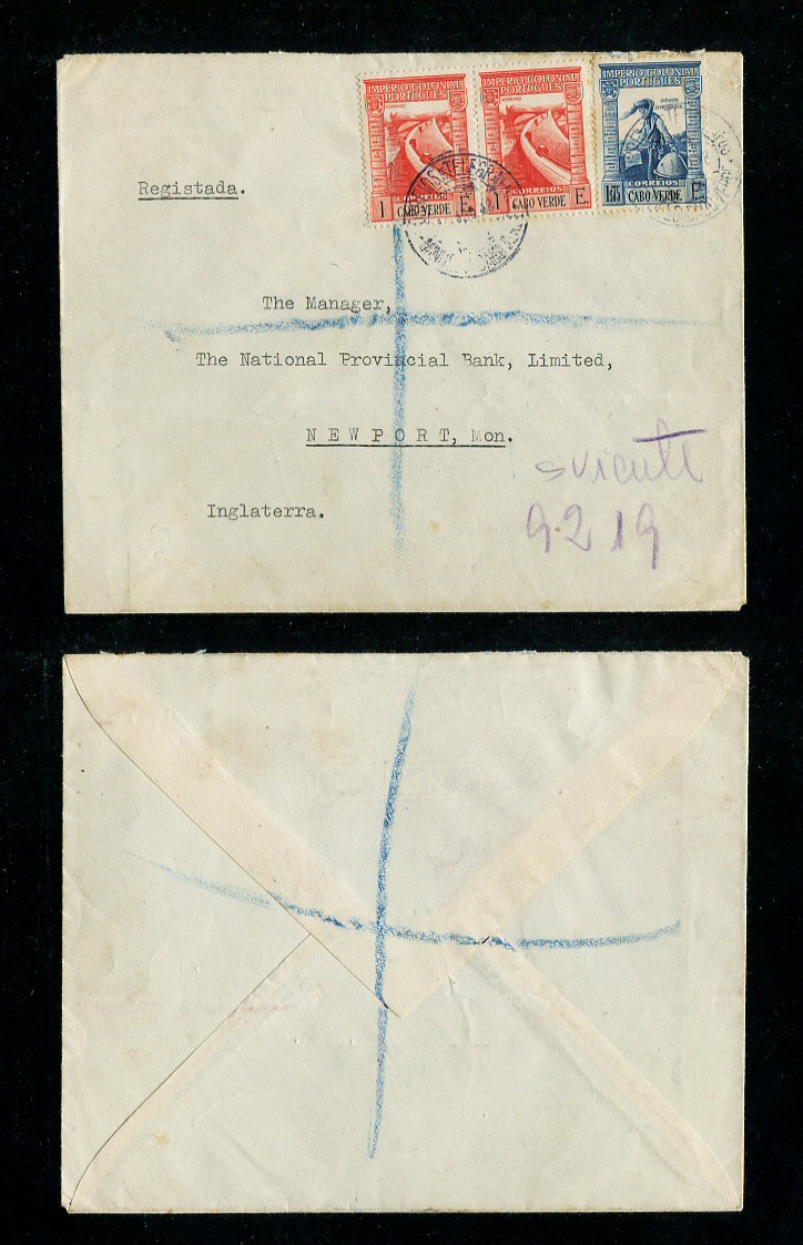 1948 - Carta registada de Cabo Verde para Inglaterra. Selos de 1E (2) e 1$75. Em boas condições.