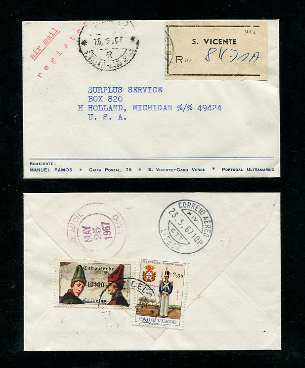 1967 - Carta registada de Cabo Verde para os EUA. Selos de 10$00 e 2$50. Carimbo de chegada no verso. Em boas condições.