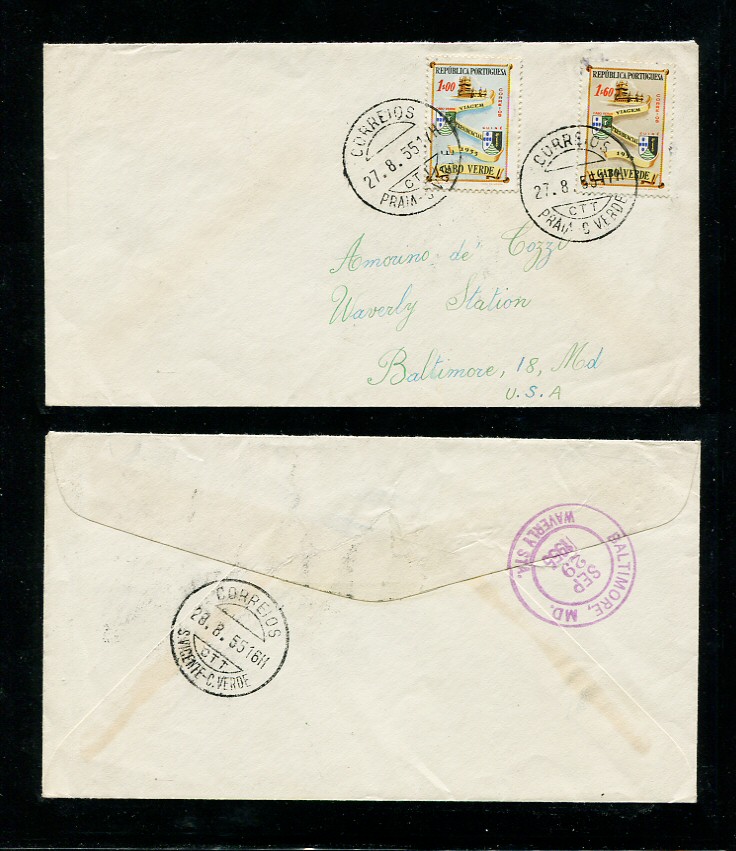 1955 - Carta de Cabo Verde para os EUA. Selos de 1$00 e 1$60. Carimbo de chegada no verso. Em boas condições.