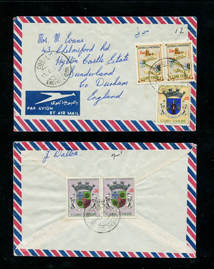 1963 - Carta de Cabo Verde para Inglaterra. Selos de 1$60 (2), 20c e 30c (2). Em boas condições.