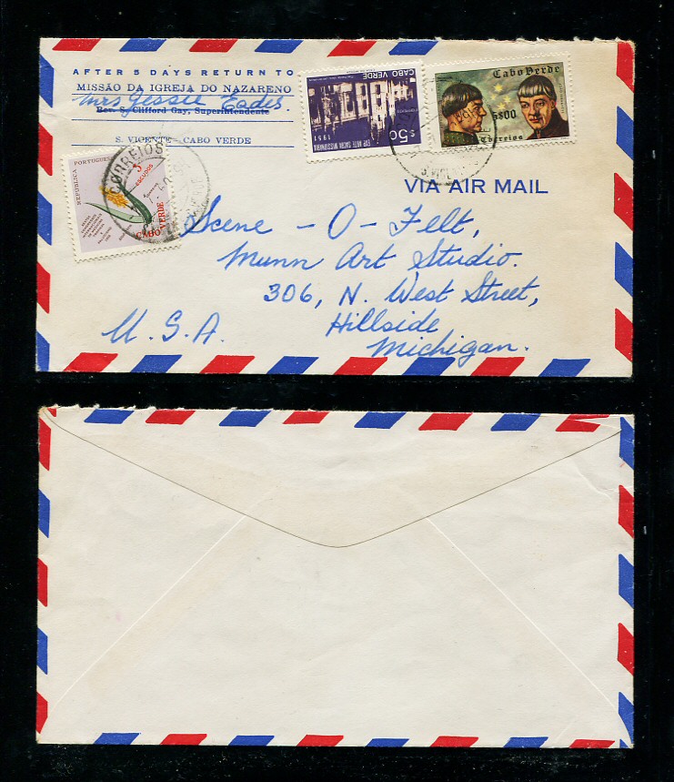 1960 - Carta de Cabo Verde para os EUA. Selos de 50c, 5$00 e 3$00. Em boas condições.