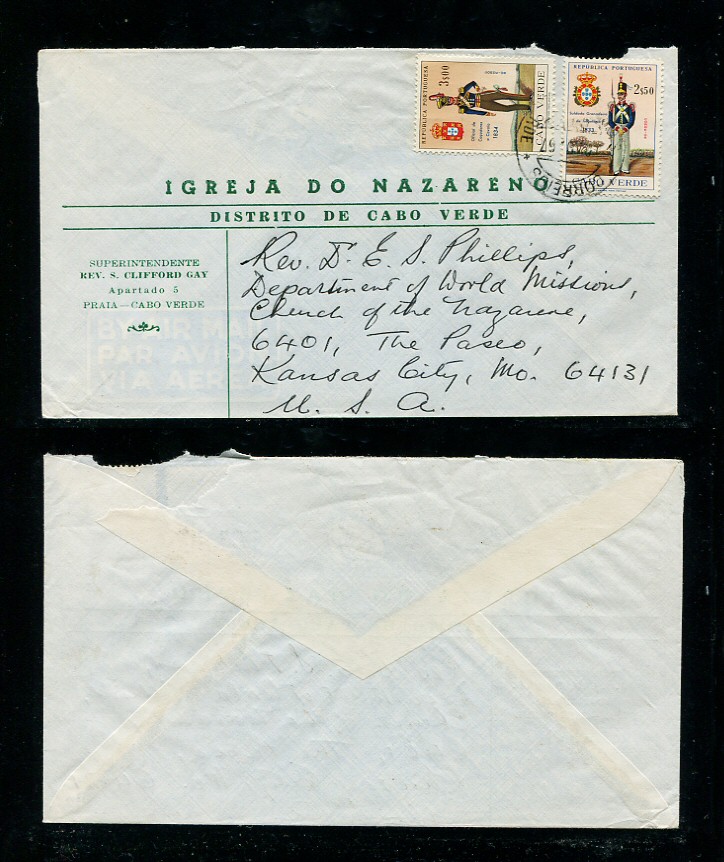 1967 - Carta de Cabo Verde para os EUA. Selos de 3$00 e 2$50. Em boas condições.