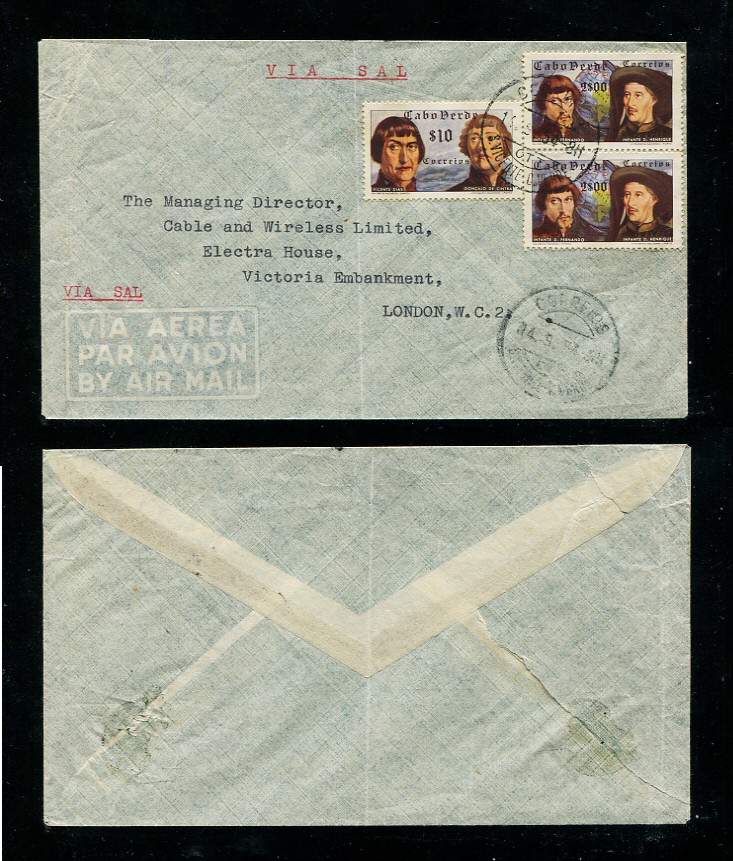 1954 - Carta de Cabo Verde para Inglaterra. Selos de 10c e 2$00 (2). Em boas condições.