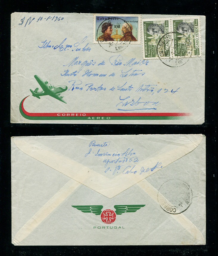 1960 - Carta de Cabo Verde para Portugal. Selos de 50c e 1$00 (2). Em boas condições.