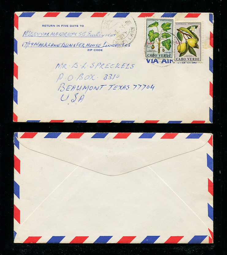 1971 - Carta de Cabo Verde para os EUA. Selos de 1$00 e 4$50. Em boas condições.