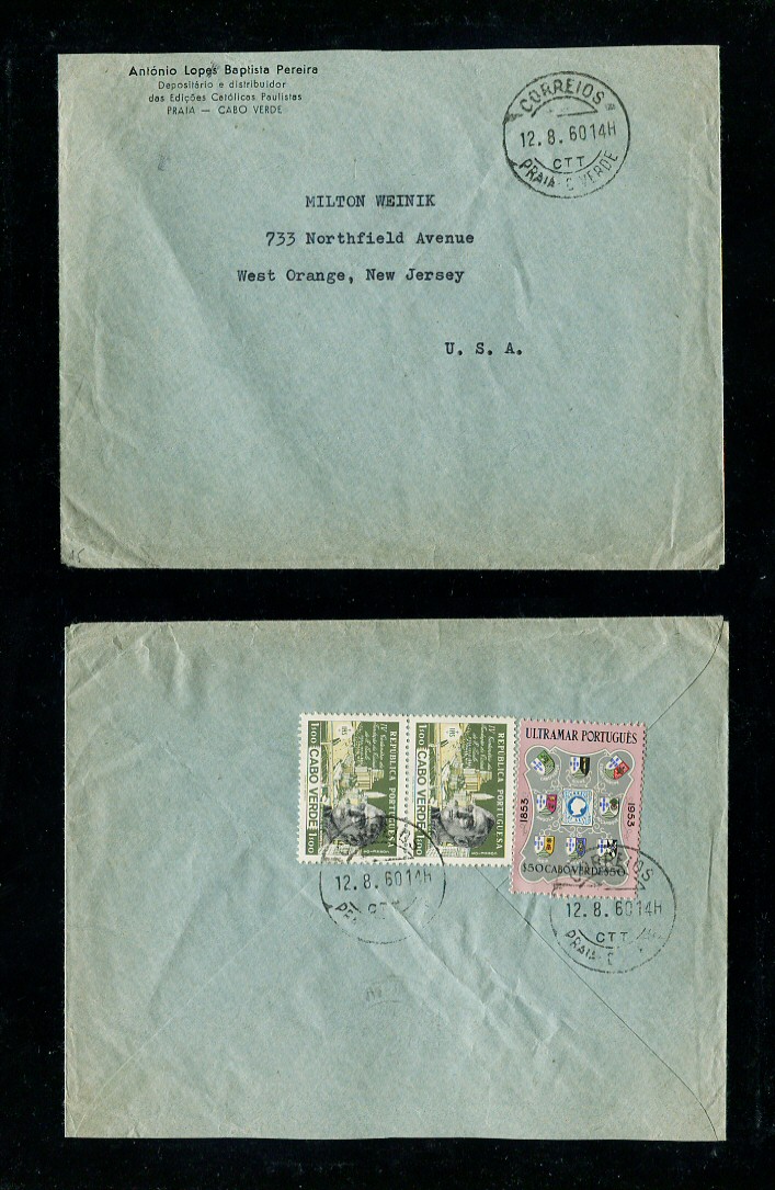1960 - Carta de Cabo Verde para os EUA. Selos de 1$00 (2) e 50c. Em boas condições.
