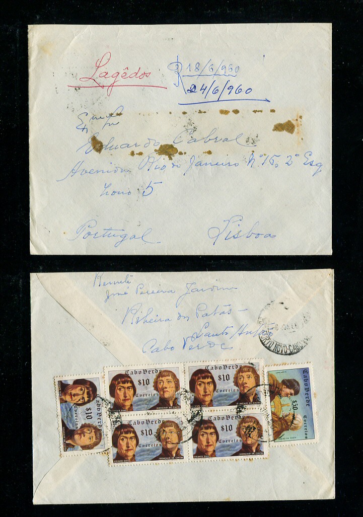 1960 - Carta registada de Cabo Verde para Portugal. Selos de 10c (5) e 50c. Em boas condições.