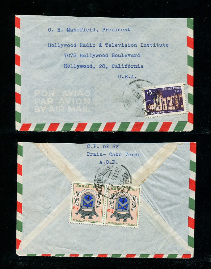 1963 - Carta de Cabo Verde para os EUA. Selos de 50c e 2$50 (2). Em boas condições.