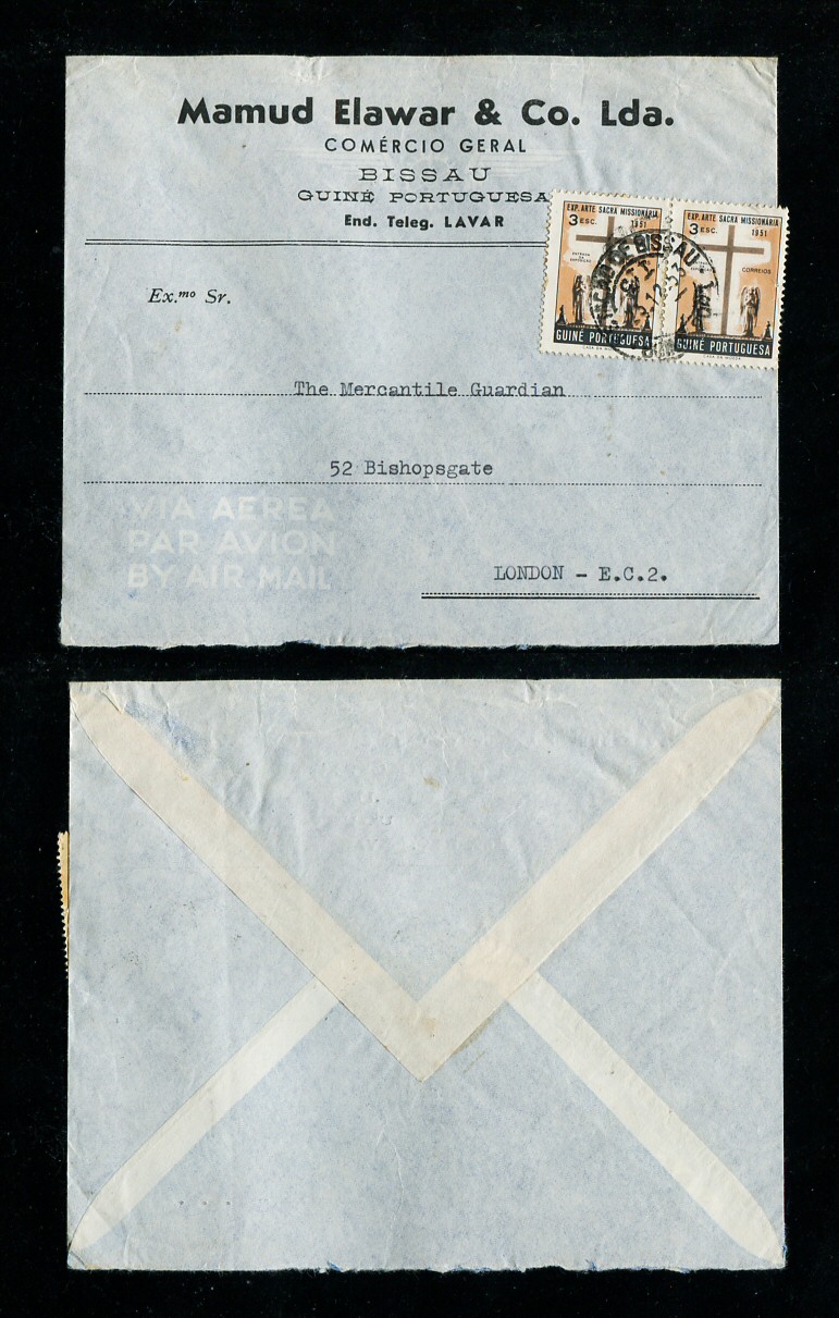 1953 - Carta da Guiné para Inglaterra. Selos de 3E (2). Em boas condições.