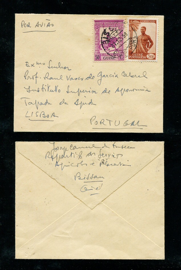 1954 - Carta da Guiné (Bissau) para Portugal. Selos de 50c e 3$50. Em boas condições.