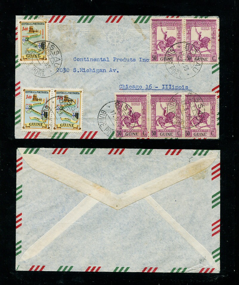 1955 - Carta da Guiné (Bissau) para os EUA. Selos de 1$00 (3) e 50c (5). Em boas condições.