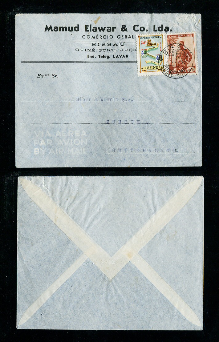 1955 - Carta da Guiné para a Suiça. Selos de 1$00 e 3$50. Em boas condições.