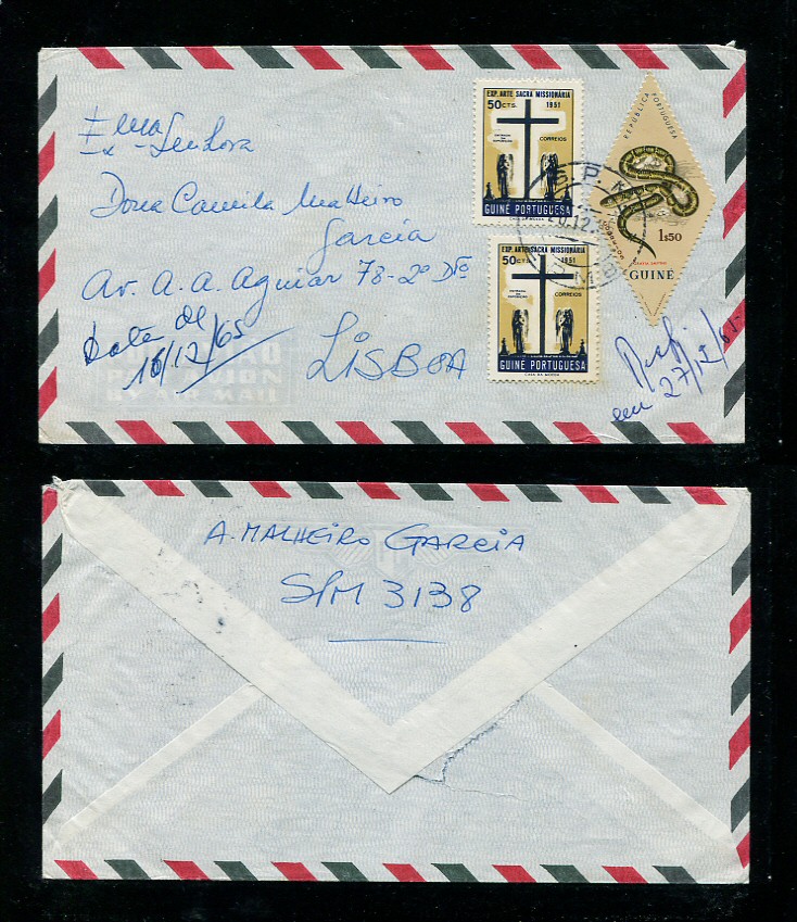 1965 - Carta da Guiné para Portugal. Selos de 50c (2) e 1$50. Em boas condições.