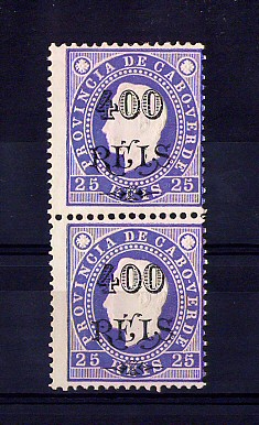 1902 - Afinsa nº 59. D. Luis I com sobretaxa. Selos de 400r/25r EM PAR Novos sem goma. VIOLETA. Em boas condições.
