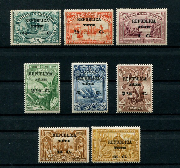 1913 - Afinsa nº17/24. 4º Centenário ... para a índia. Sobre selos de Timor. Série completa nova, COM CHARNEIRA (*) e goma original. Em boas condições.