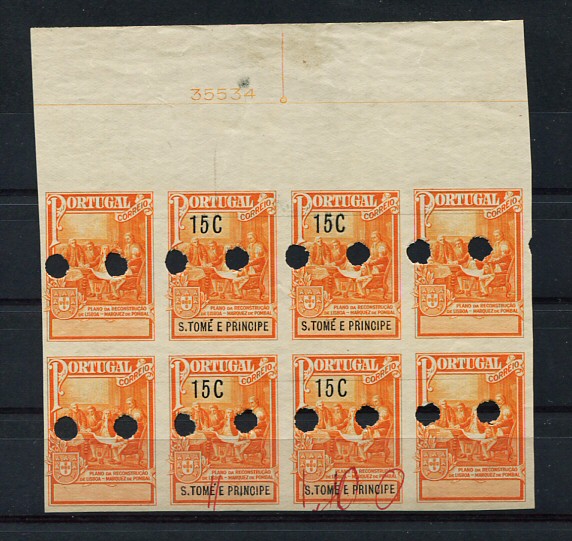 1925 - Imposto Postal. Afinsa nº 2. Marquês de Pombal. PROVAS NÃO DENTEADAS EM BLOCO DE 8. Em boas condições.