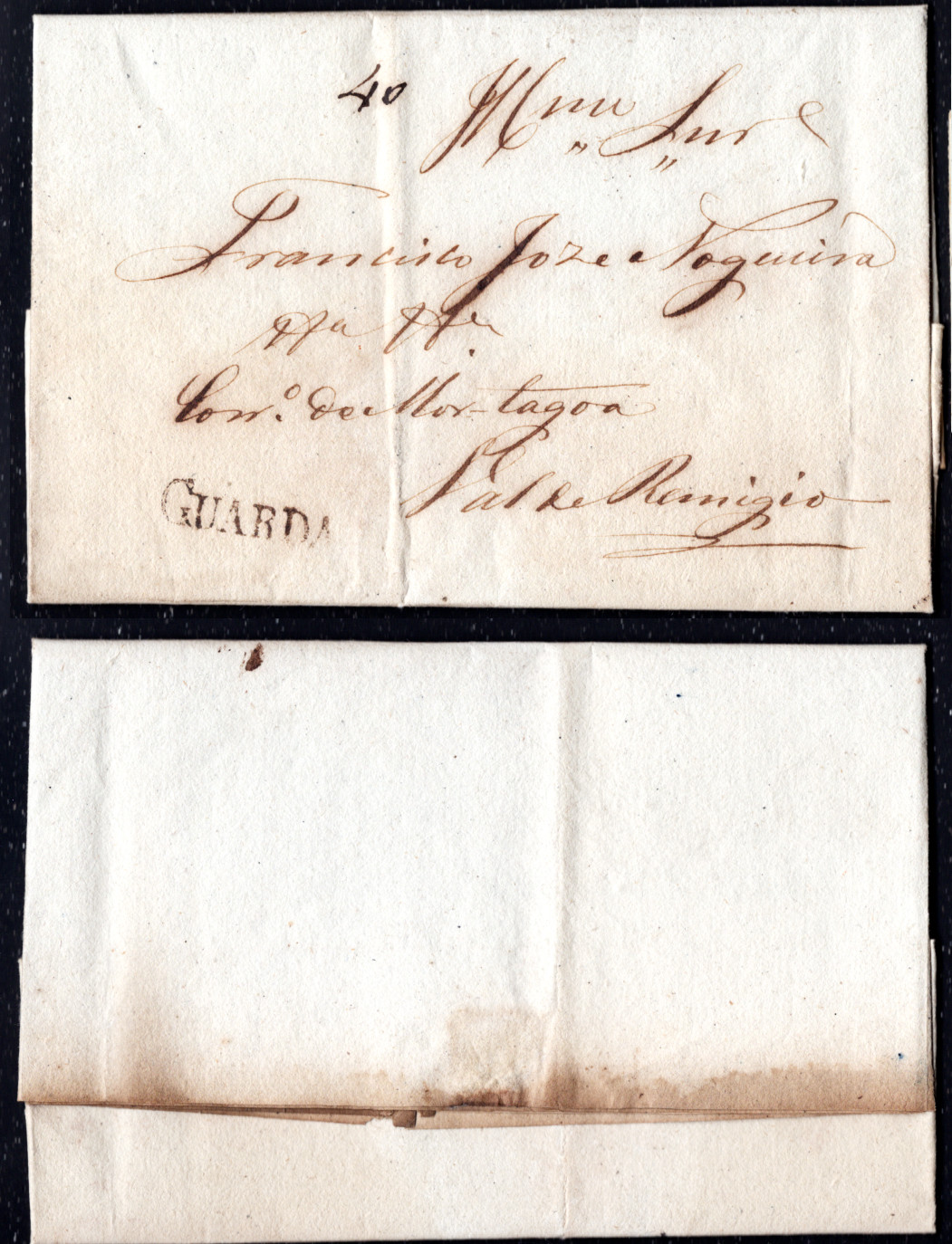 Guarda - Carta de 1840 da Guarda para Vale de Remígio, Mortágua. GRD2. Marca a sépia.