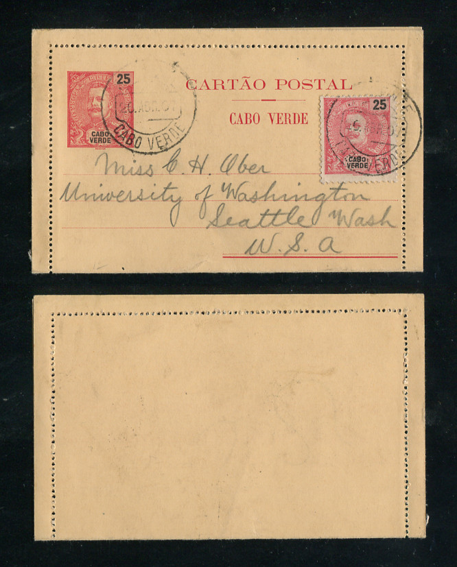 1907 - Inteiro Postal de Cabo Verde circulado para os EUA. Com selo adicional de 25r. Em boas condições.