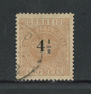 1881 - Afinsa nº 75. Coroa com sobretaxa. FALSO FOURNIER. 4 1/2r/100r usado (carimbo também é falso). Em boas condições.