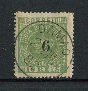 1881 - Afinsa nº 77. Coroa com sobretaxa. FALSO FOURNIER. 6r/10r usado (carimbo também é falso). Em boas condições.