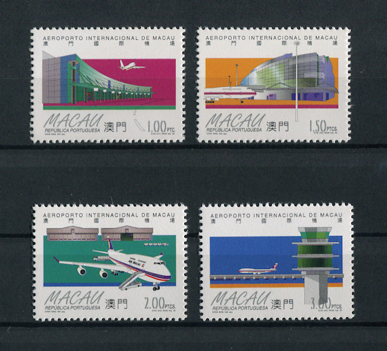 1995 - Afinsa nº 801/804. Aeroporto Internacional de Macau. Série completa nova SEM CHARNEIRA (**) e com goma original. Em boas condições.
