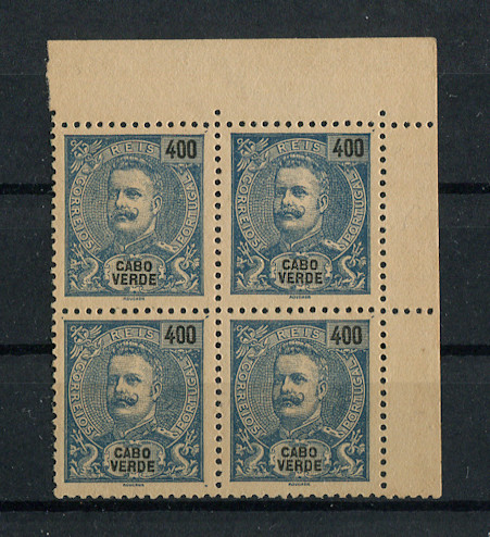 1903 - Afinsa nº 84. D. Carlos I novas cores e valores. Selos de 400r EM QUADRA. Novos sem goma. Em boas condições.