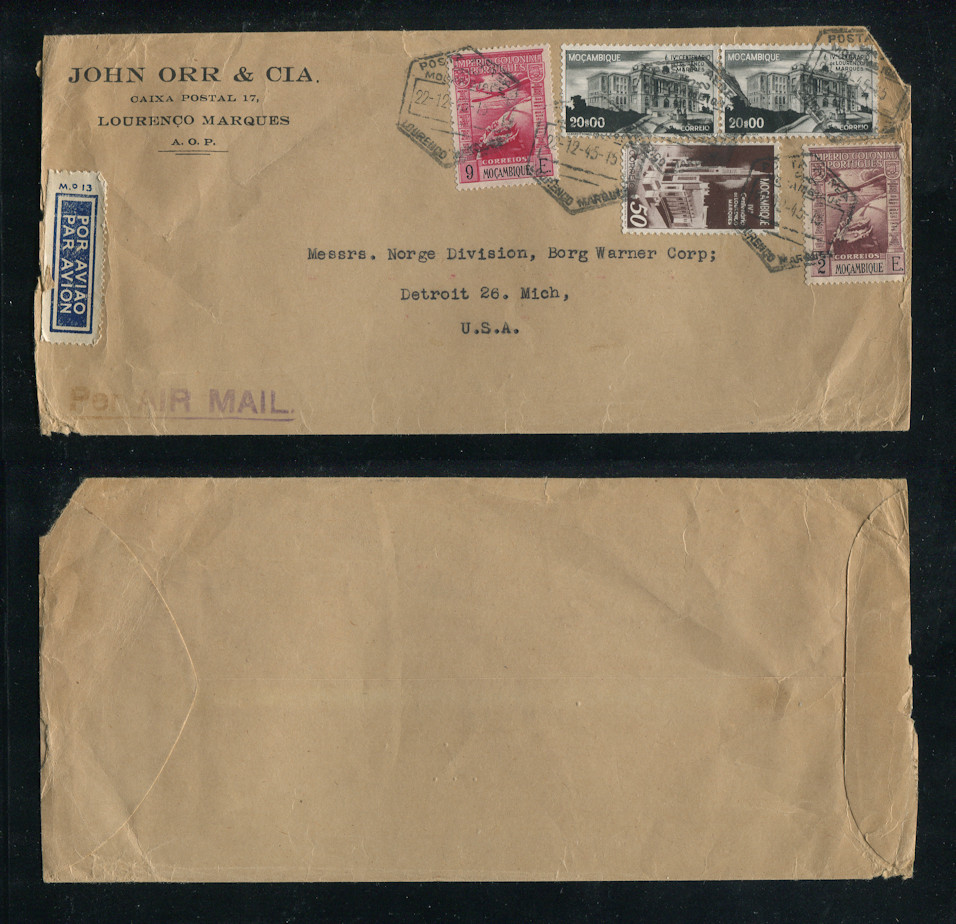 1945 - Carta de Moçambique para os E.U.A.  Selos de 20$00 (2), 2$00 (2), 50c, 9$00. Em boas condições.
