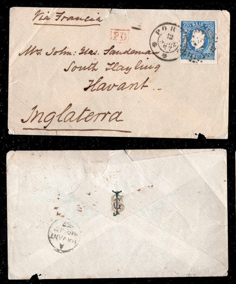 1867 - Carta do Porto para Inglaterra. Com selo de D. Luis I fita curva, 120 reis. Afinsa nº 26. Só envelope.