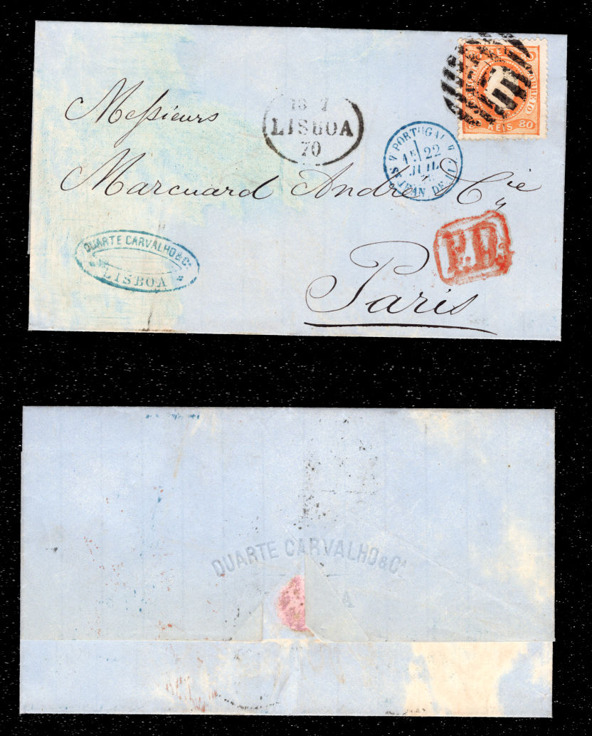 1870 - CAPA de Carta de Lisboa para França. Com selo de D. Luis I fita curva denteado, 80 reis. Afinsa nº 32.