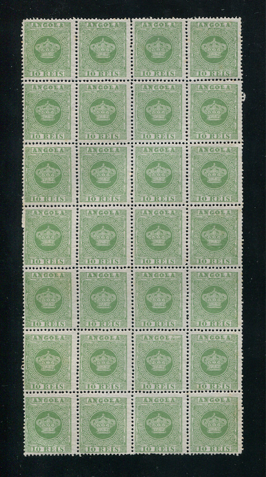 1881 - Afinsa nº 10. Coroa. Folha completa de 28 selos de 10 reis. Denteado 12 1/2. Novos sem goma. Em boas condições.