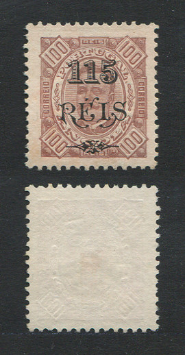 1902 - Afinsa nº 67a. D. Carlos I com sobretaxa. Selo de 115r/100r novo sem goma. Denteado 11 1/2. Em boas condições.