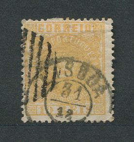1877 - Afinsa nº 49a. Tipo Coroa. Selo de 10 reis usado. AMARELO LARANJA. Denteado 12 1/2. Em boas condições.